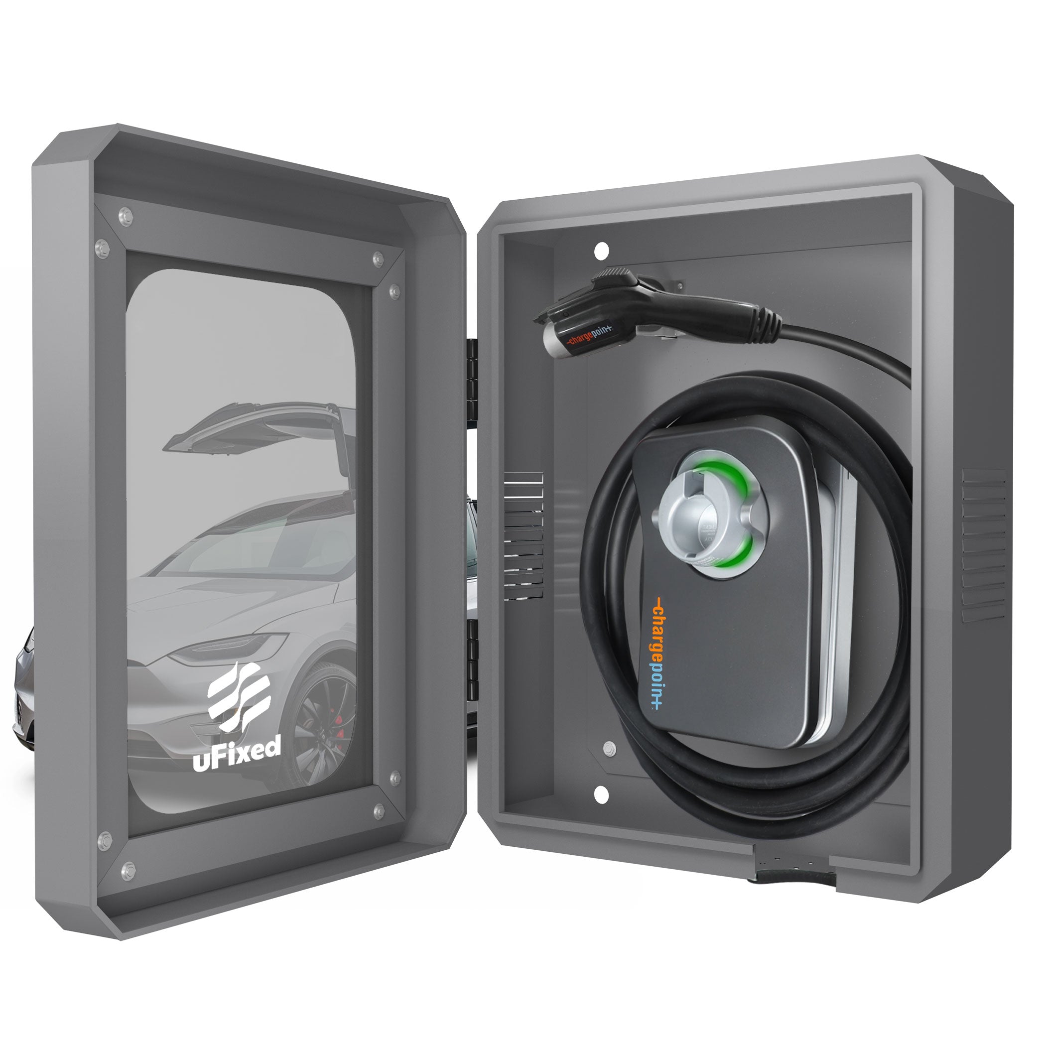 Outdoor EV Charger Enclosure Wall Box with Lock for Tesla Wall Connector & Chargepoint Home Flex with Holder | Weatherproof, Visible, Easy to Install, Gray