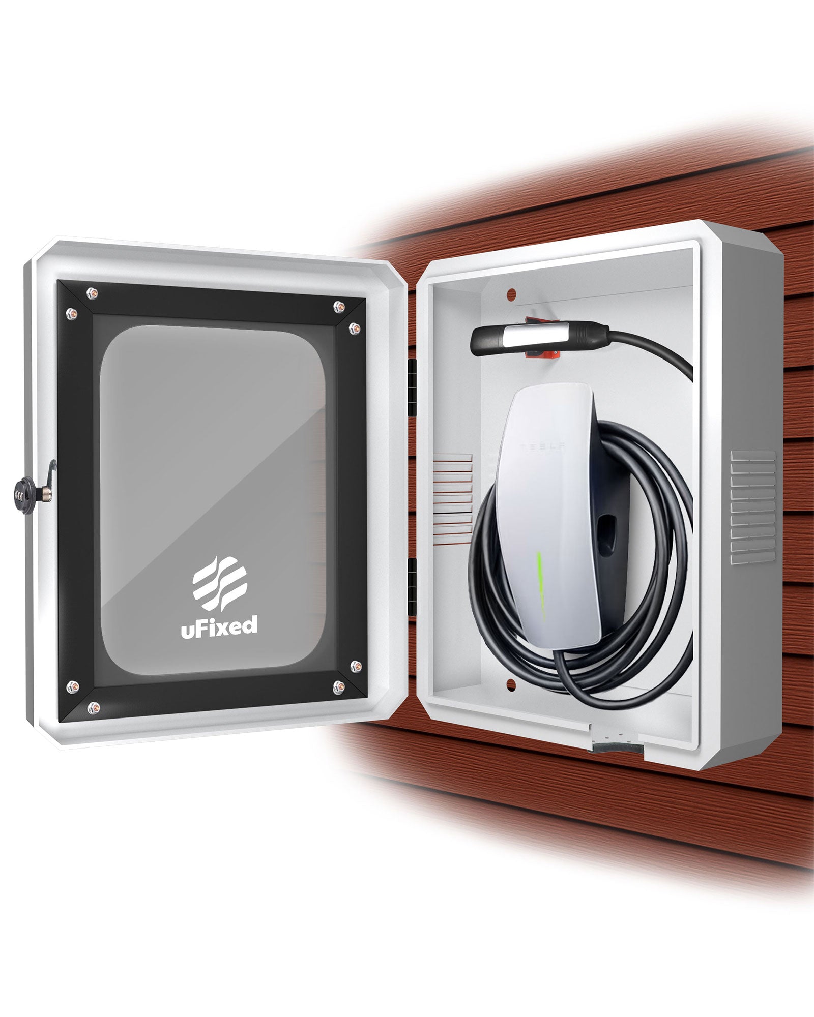 Outdoor EV Charger Enclosure Wall Box with Lock, Tesla & Chargepiont Charger Lock Box with Holder | Weatherproof, Visible, Easy to Install, White