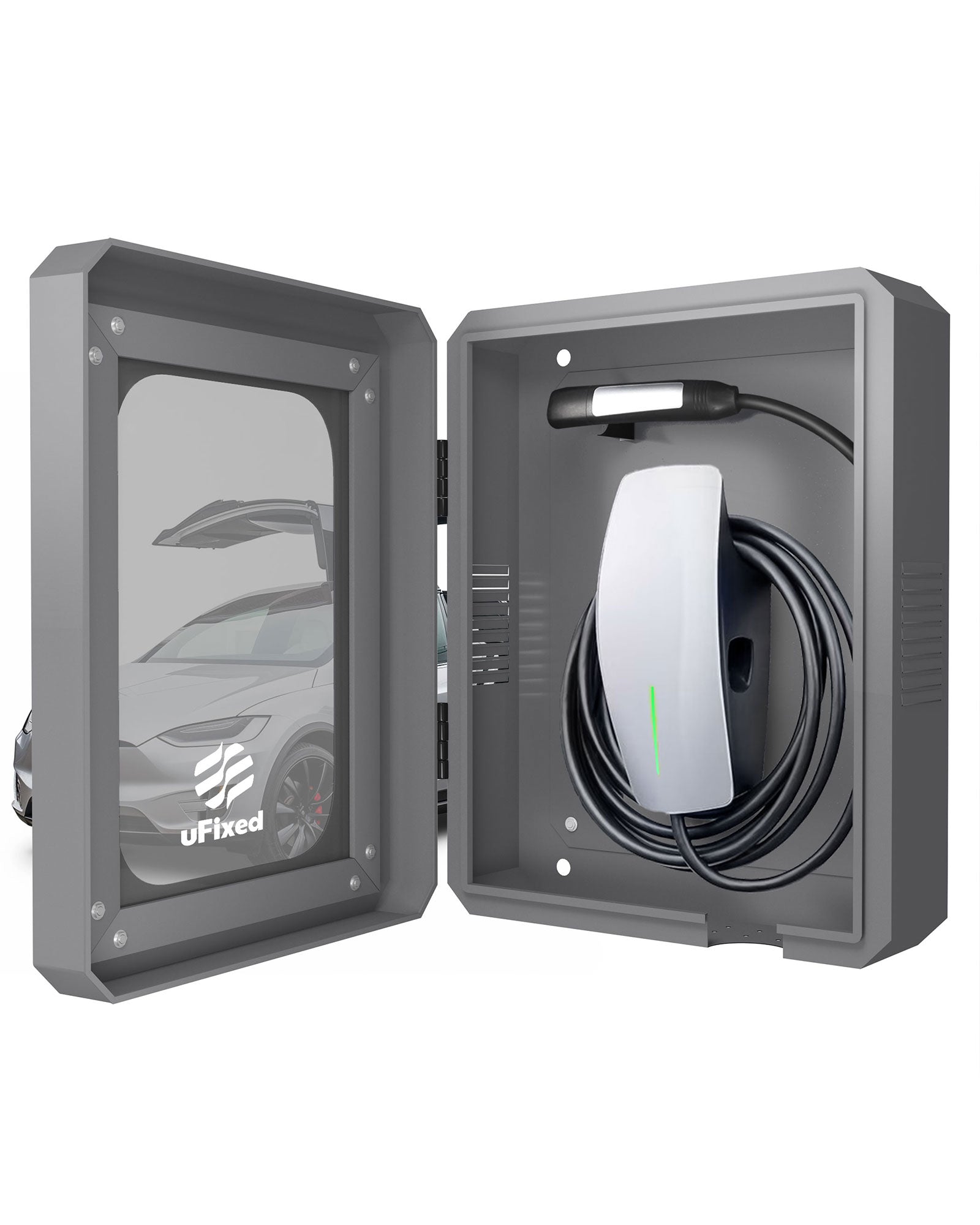 Outdoor EV Charger Enclosure Wall Box with Lock for Tesla Wall Connector & Chargepoint Home Flex with Holder | Weatherproof, Visible, Easy to Install, Gray