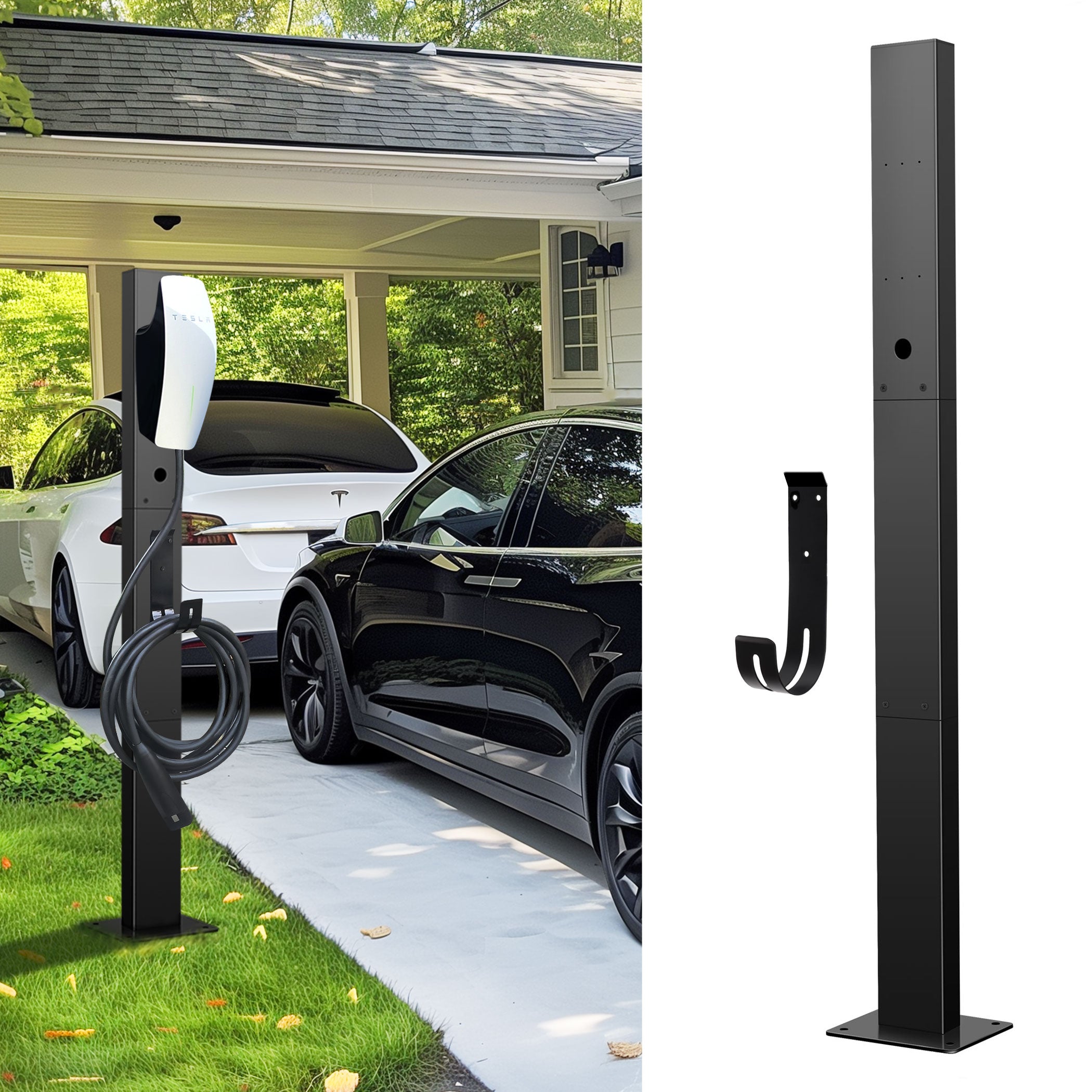 Tesla Charger Pedestal Outdoor EV Charger Stand with Holder for EV Charging Station Black