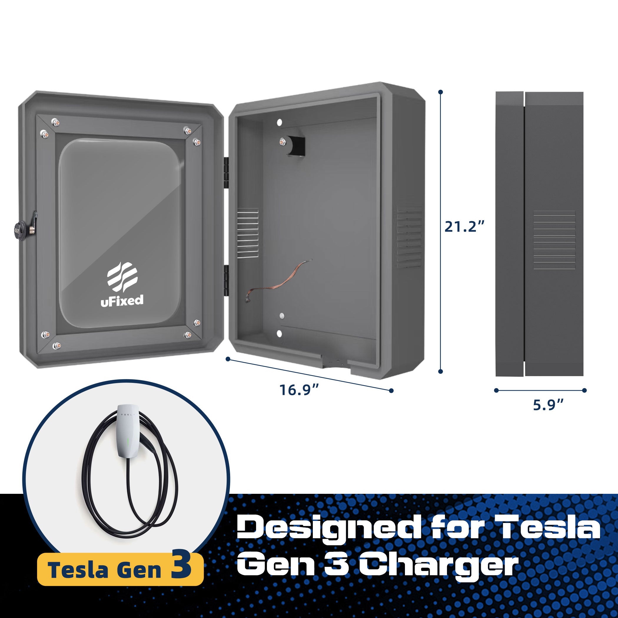 Outdoor EV Charger Enclosure Wall Box with Lock for Tesla Wall Connector & Chargepoint Home Flex with Holder | Weatherproof, Visible, Easy to Install, Gray